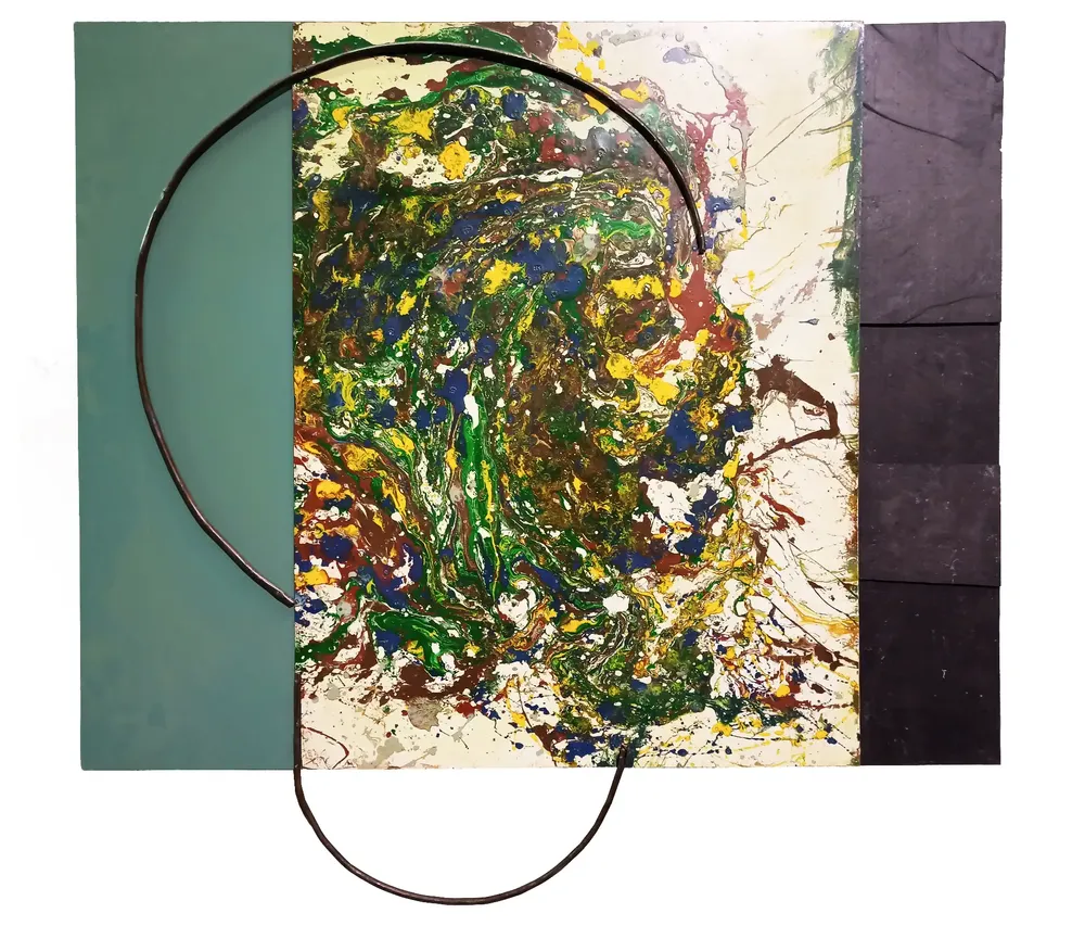 Artwork titled "Cabeza" made with synthetic enamelled paint, mdf, laminate, iron, slate stone in the year 2022 by Juan Diego Miguel
