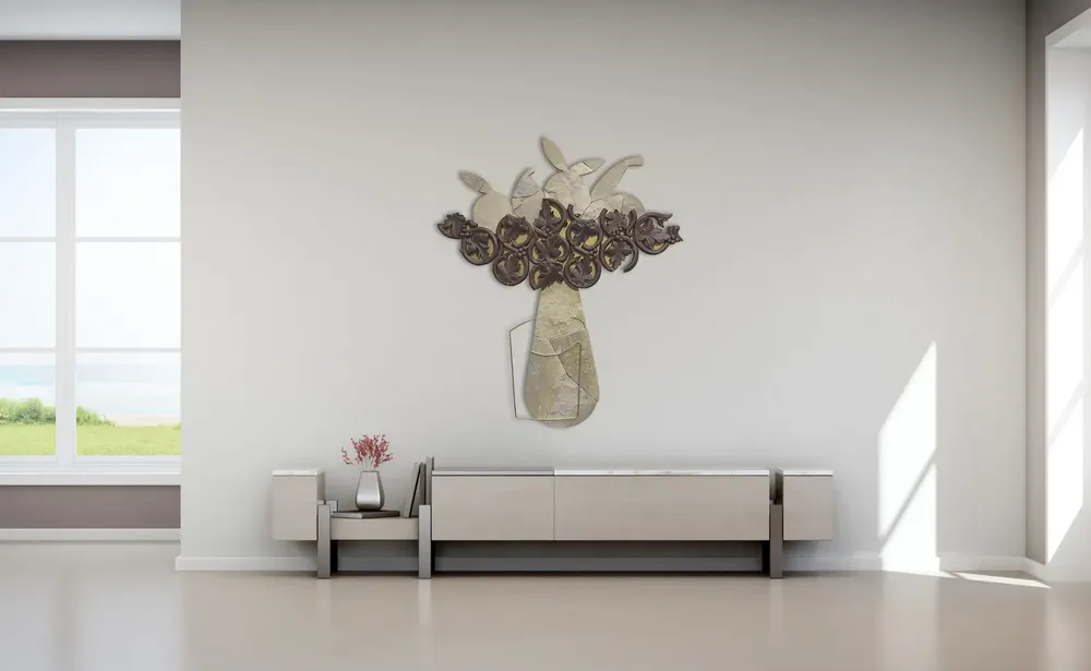 Artwork titled "Frutero y vaso" made with brass, wood, synthetic enamelled paint, plywood, limestone in the year 2022 by Juan Diego Miguel