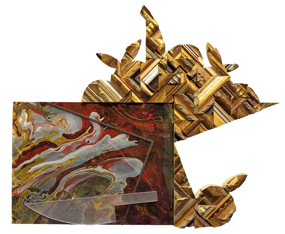 Artwork titled "Frutero y cuchillo" made with synthetic enamelled paint, mdf, methacrylate, bakelite, frames in the year 2022 by Juan Diego Miguel