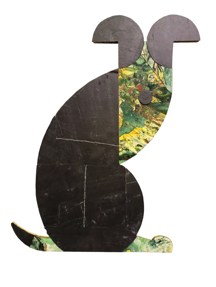 Artwork titled "Perro" made with synthetic enamelled paint, mdf, slate stone in the year 2022 by Juan Diego Miguel