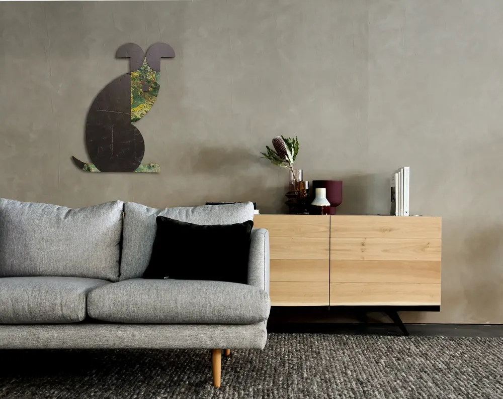 Artwork titled "Perro" made with synthetic enamelled paint, mdf, slate stone in the year 2022 by Juan Diego Miguel