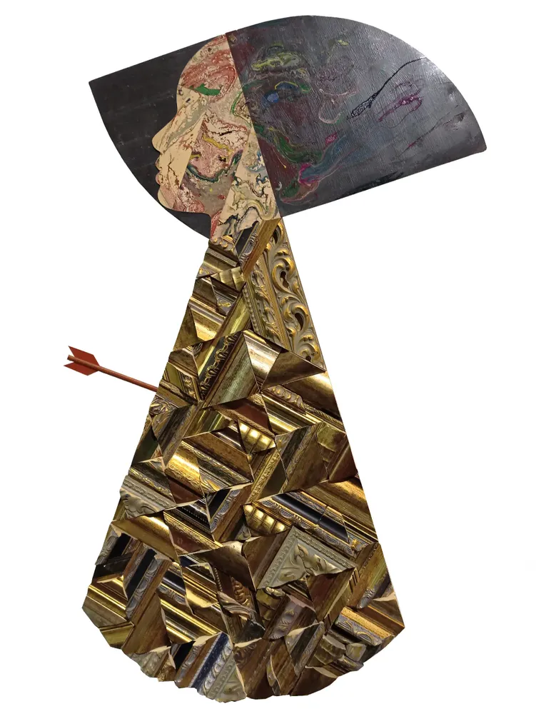 Artwork titled "Enamorada" made with synthetic enamelled paint, laminate, slate stone, wood, frames in the year 2022 by Juan Diego Miguel