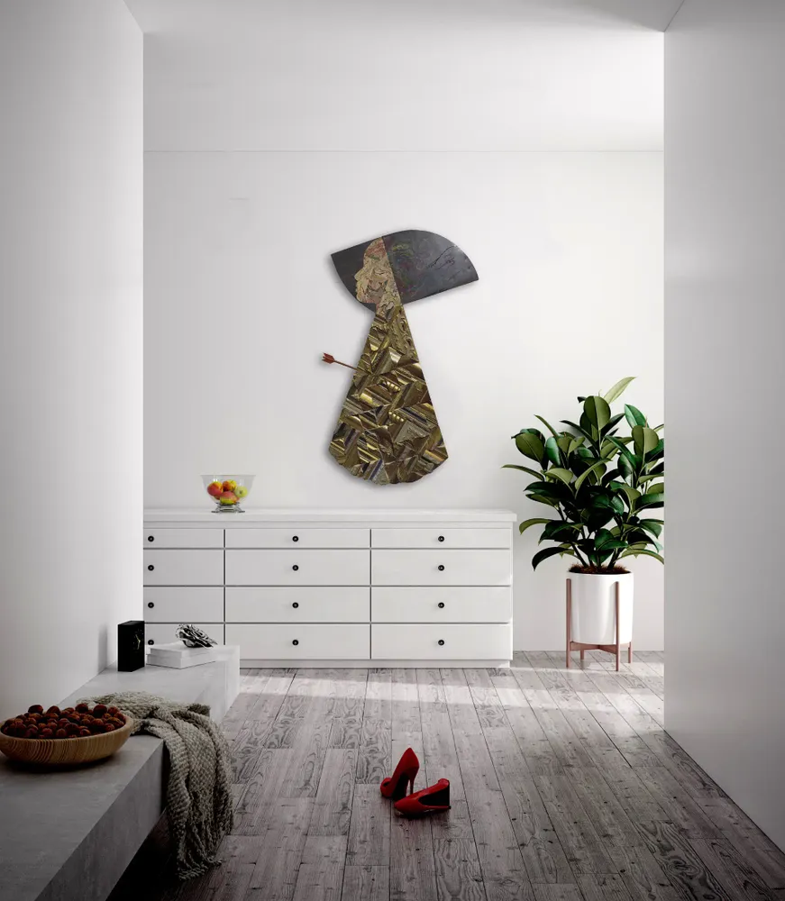 Artwork titled "Enamorada" made with synthetic enamelled paint, laminate, slate stone, wood, frames in the year 2022 by Juan Diego Miguel