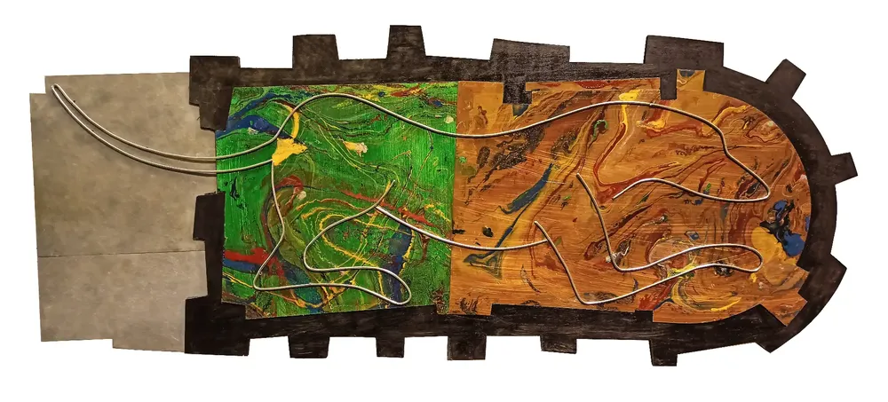 Artwork titled "La caseta del perro" made with synthetic enamelled paint, laminate, plywood, slate stone, aluminum in the year 2022 by Juan Diego Miguel