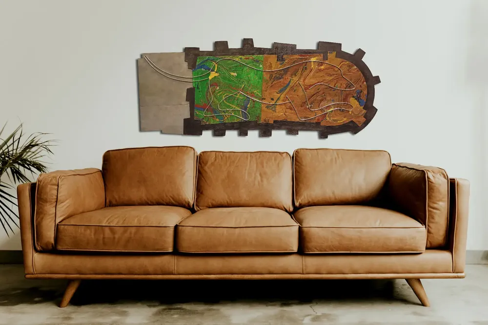 Artwork titled "La caseta del perro" made with synthetic enamelled paint, laminate, plywood, slate stone, aluminum in the year 2022 by Juan Diego Miguel