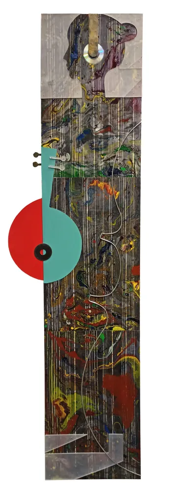 Artwork titled "Melomania" made with synthetic enamelled paint, laminate, methacrylate, aluminum, abrasive, vinyl, bakelite in the year 2022 by Juan Diego Miguel