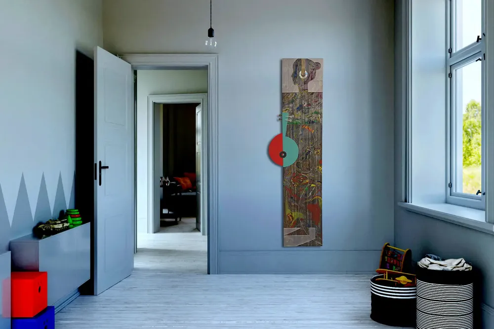 Artwork titled "Melomania" made with synthetic enamelled paint, laminate, methacrylate, aluminum, abrasive, vinyl, bakelite in the year 2022 by Juan Diego Miguel
