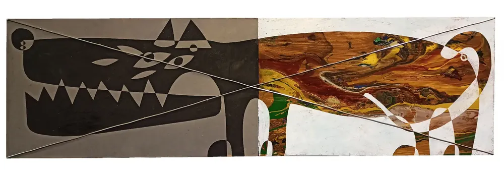 Artwork titled "Perro" made with synthetic enamelled paint, laminate, cardboard, aluminum in the year 2022 by Juan Diego Miguel