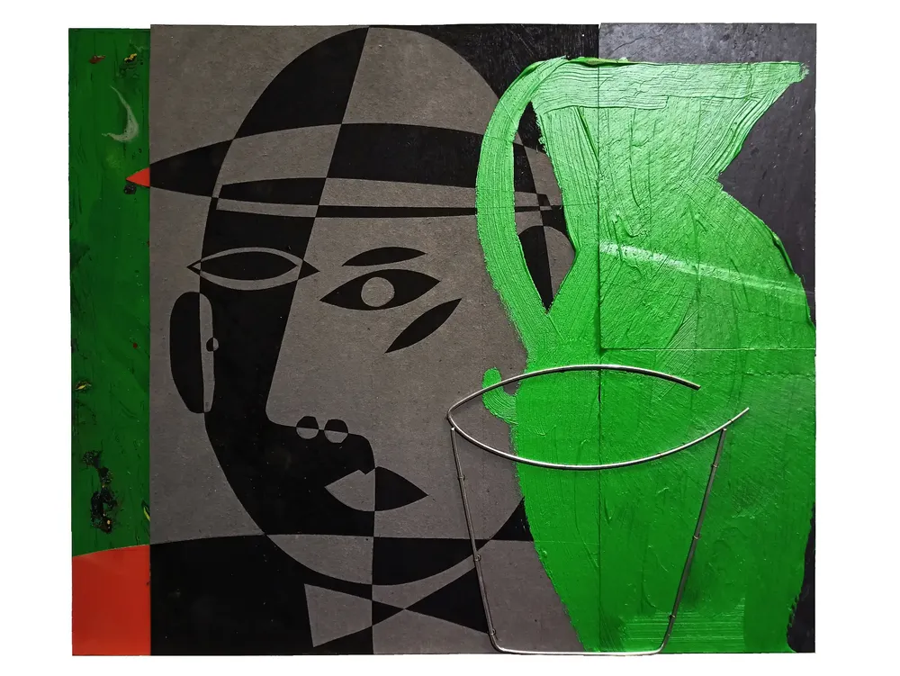 Artwork titled "Vaso de agua" made with synthetic enamelled paint, laminate, cardboard, slate stone, aluminum, Akrilic in the year 2022 by Juan Diego Miguel
