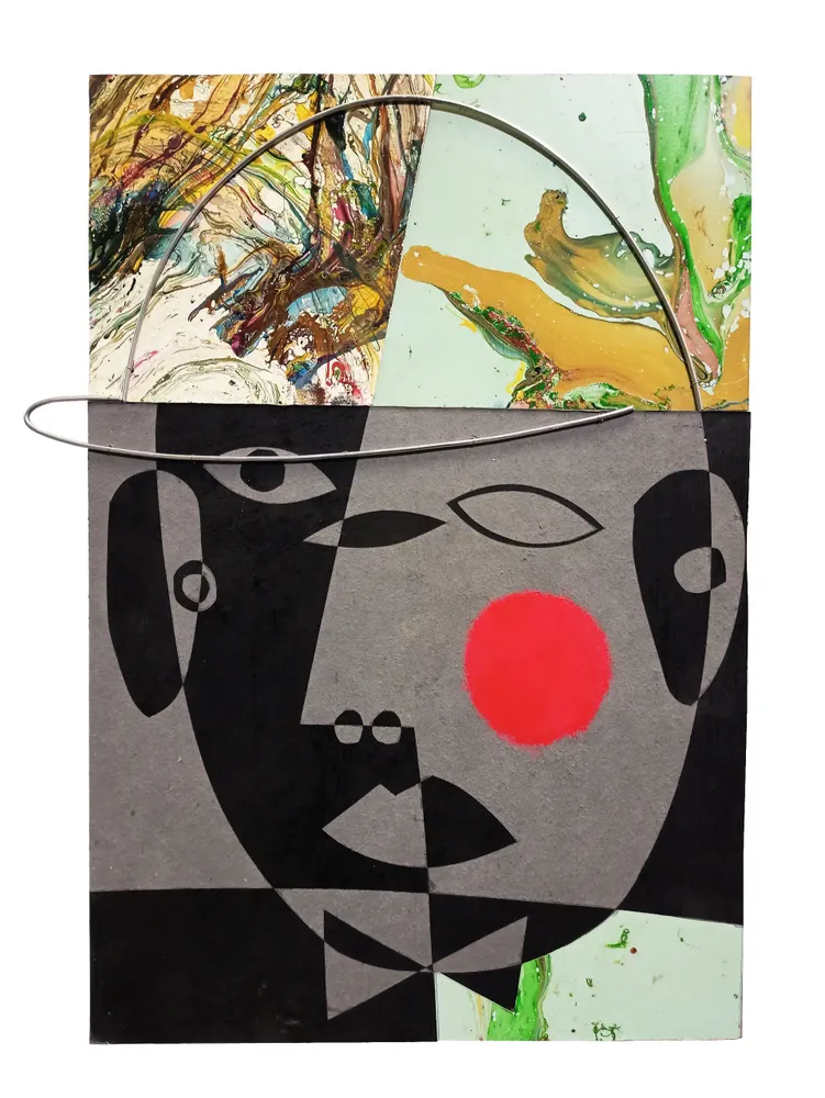 Artwork titled "Cabeza" made with synthetic enamelled paint, laminate, cardboard, Akrilic, aluminum in the year 2022 by Juan Diego Miguel