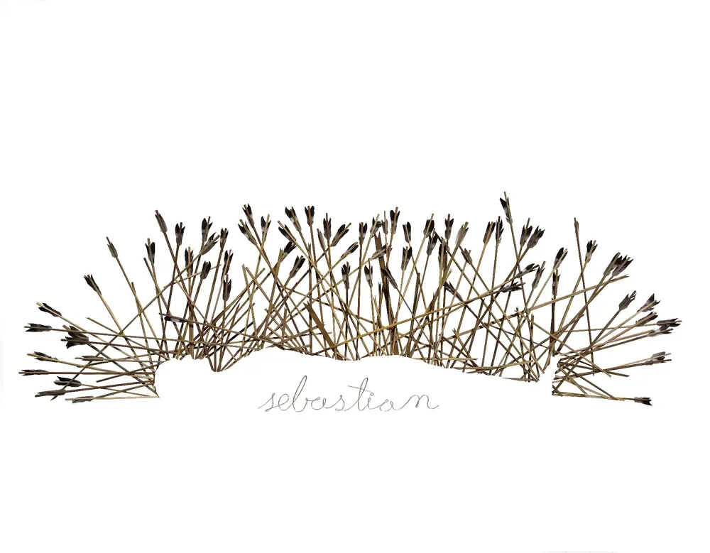 Artwork titled "Sebastian" made with aluminum, wood, Feathers in the year 2022 by Juan Diego Miguel