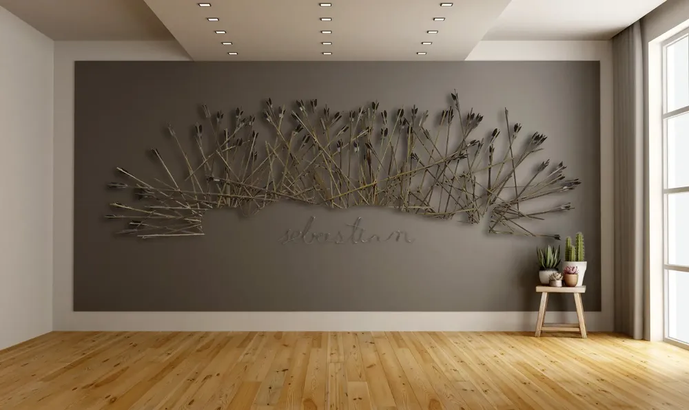 Artwork titled "Sebastian" made with aluminum, wood, Feathers in the year 2022 by Juan Diego Miguel