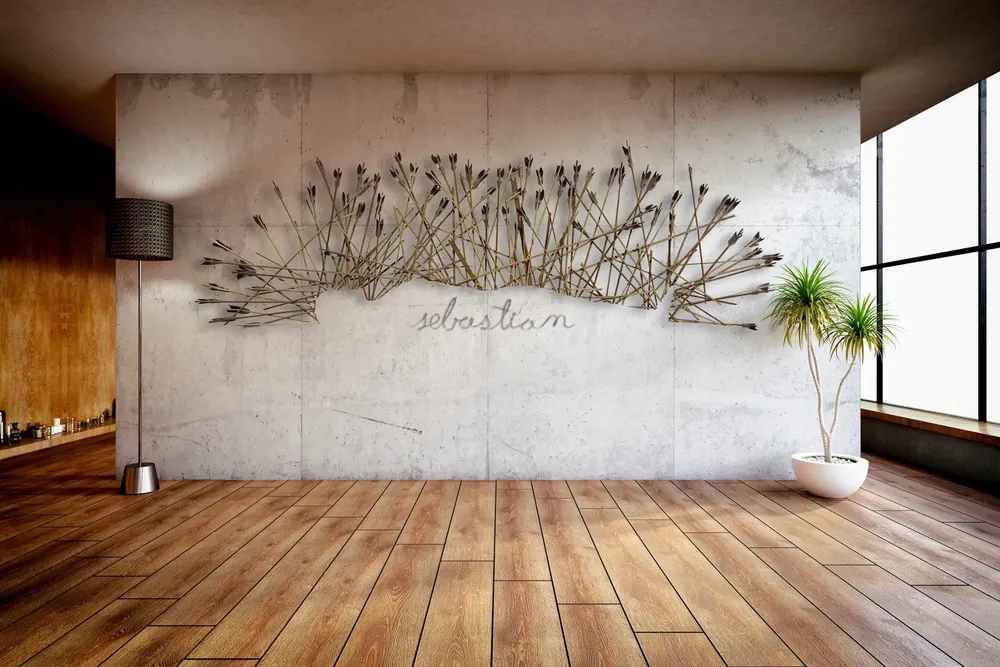 Artwork titled "Sebastian" made with aluminum, wood, Feathers in the year 2022 by Juan Diego Miguel
