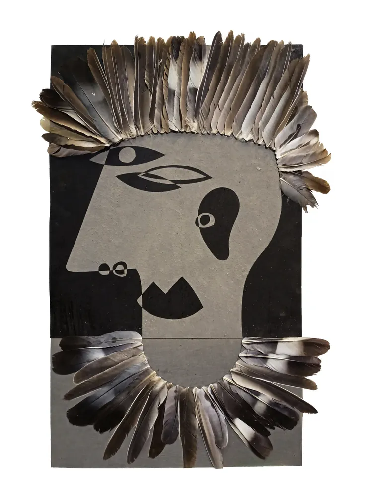 Artwork titled "Palomo" made with Feathers, synthetic enamelled paint, cardboard in the year 2022 by Juan Diego Miguel