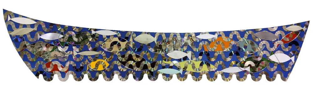 Artwork titled "La barca del pescador" made with synthetic enamelled paint, laminate, plywood, vinyl, aluminum in the year 2022 by Juan Diego Miguel