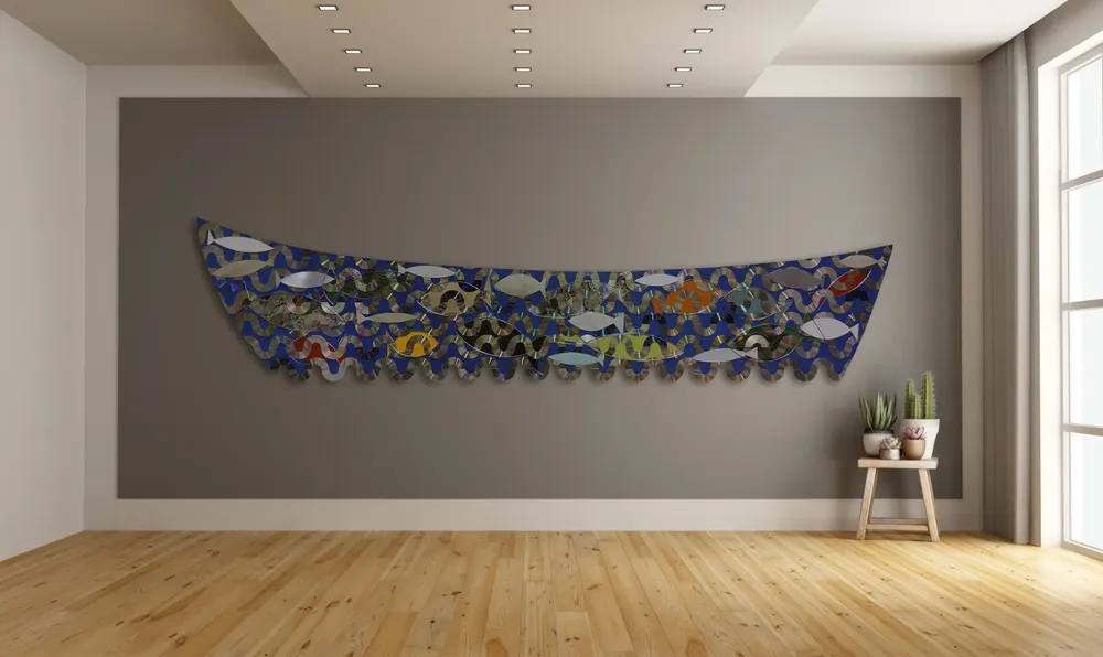 Artwork titled "La barca del pescador" made with synthetic enamelled paint, laminate, plywood, vinyl, aluminum in the year 2022 by Juan Diego Miguel