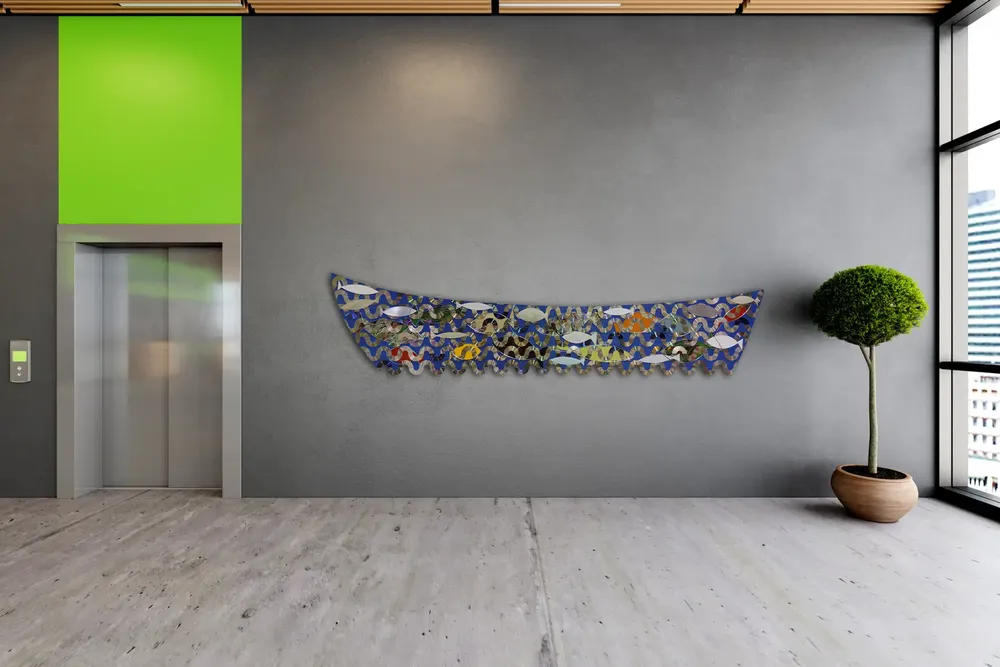 Artwork titled "La barca del pescador" made with synthetic enamelled paint, laminate, plywood, vinyl, aluminum in the year 2022 by Juan Diego Miguel