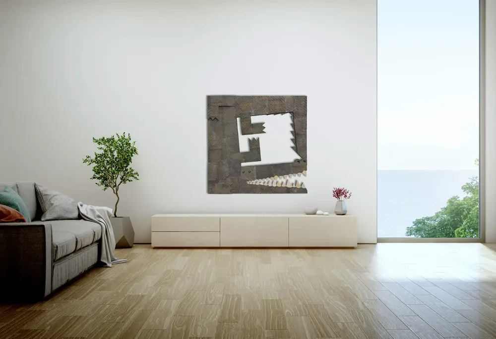 Artwork titled "Cocodrilo" made with synthetic enamelled paint, plywood, iron, limestone, rubber, crystal in the year 2023 by Juan Diego Miguel