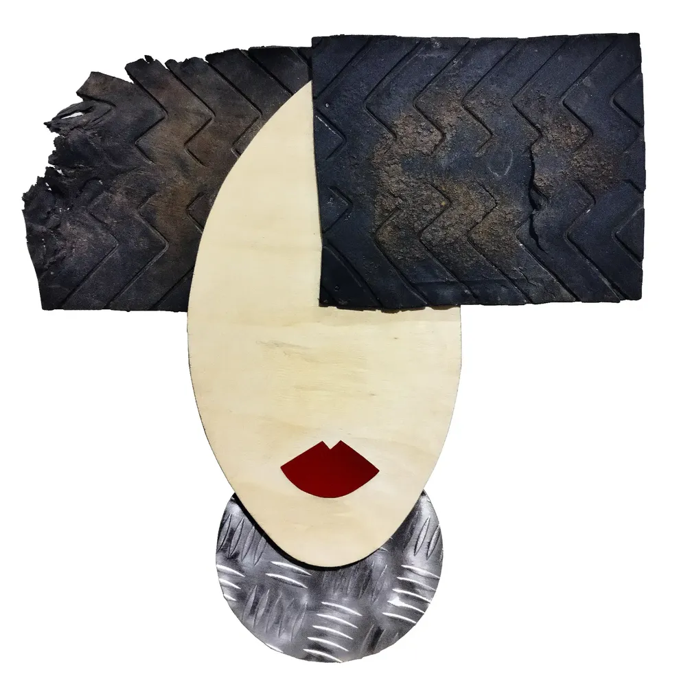 Artwork titled "Cabeza" made with rubber, laminate, plywood, aluminum in the year 2023 by Juan Diego Miguel
