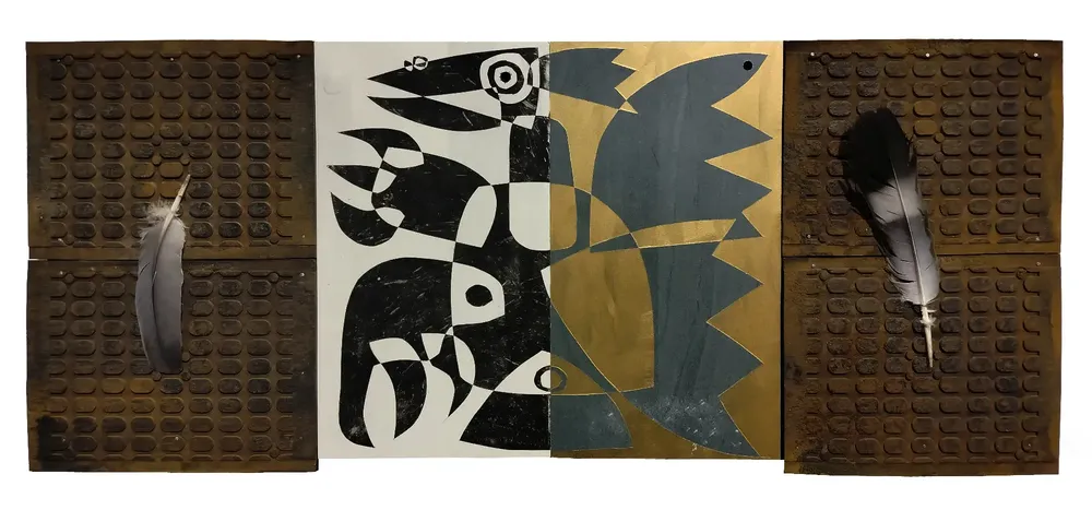 Artwork titled "Pluma -A" made with rubber, synthetic enamelled paint, laminate, Feathers in the year 2023 by Juan Diego Miguel