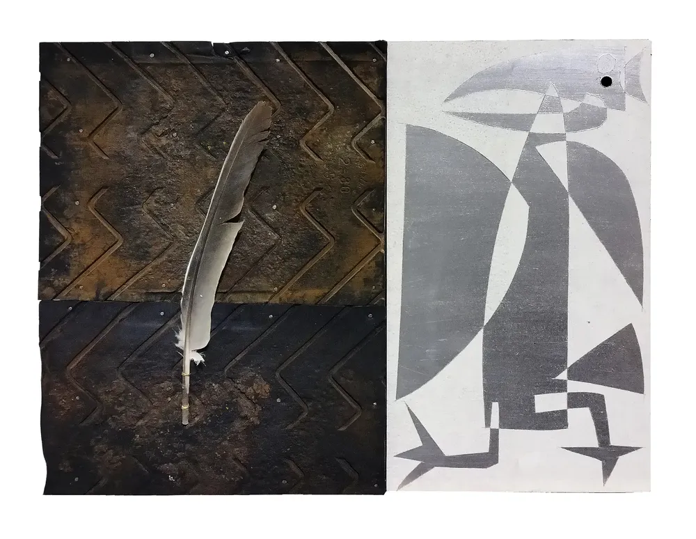 Artwork titled "Pluma-H" made with feathers, rubber, synthetic enamelled paint, laminate in the year 2023 by Juan Diego Miguel
