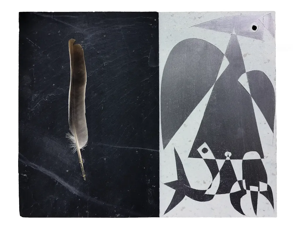 Artwork titled "Pluma-J" made with feathers, slate stone, synthetic enamelled paint, laminate in the year 2023 by Juan Diego Miguel