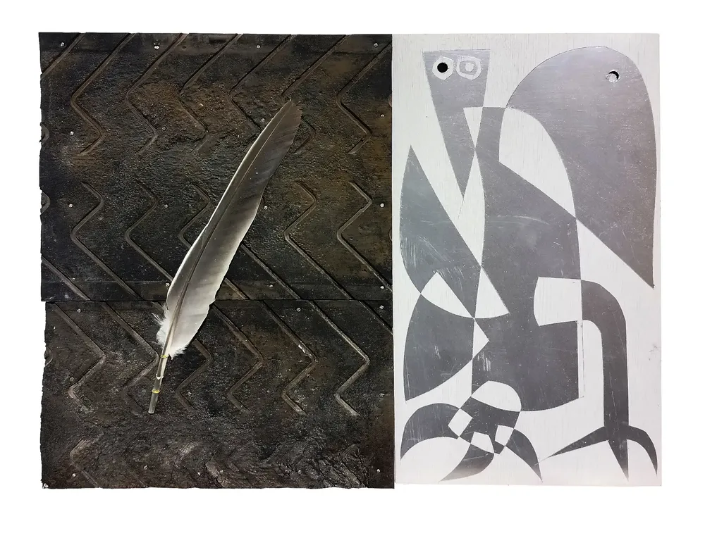 Artwork titled "Pluma-K" made with feathers, rubber, synthetic enamelled paint, laminate in the year 2023 by Juan Diego Miguel