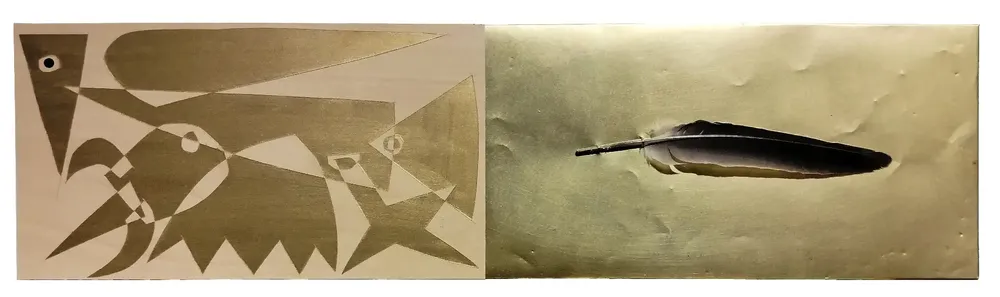 Artwork titled "Pluma-L" made with feathers, brass, synthetic enamelled paint, laminate in the year 2023 by Juan Diego Miguel
