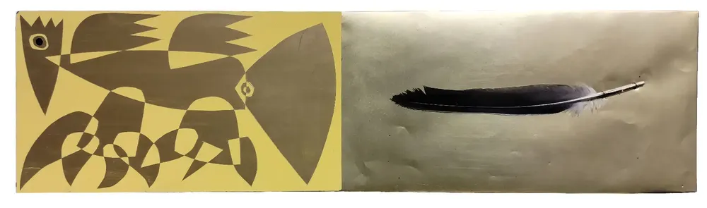 Artwork titled "Pluma-M" made with feathers, brass, synthetic enamelled paint, laminate in the year 2023 by Juan Diego Miguel
