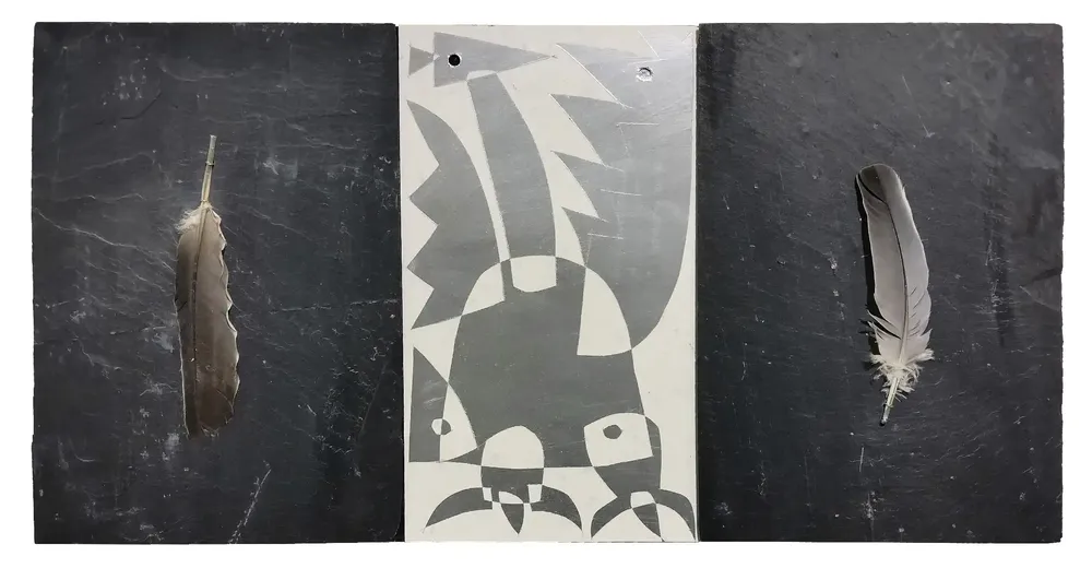 Artwork titled "Pluma-P" made with feathers, slate stone, synthetic enamelled paint, laminate in the year 2023 by Juan Diego Miguel