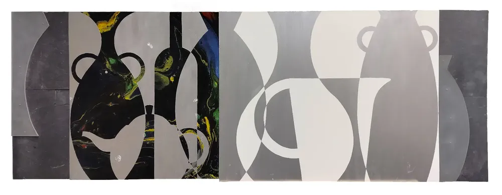 Artwork titled "Cacharros" made with synthetic enamelled paint, laminate, mdf, methacrylate, slate stone in the year 2023 by Juan Diego Miguel
