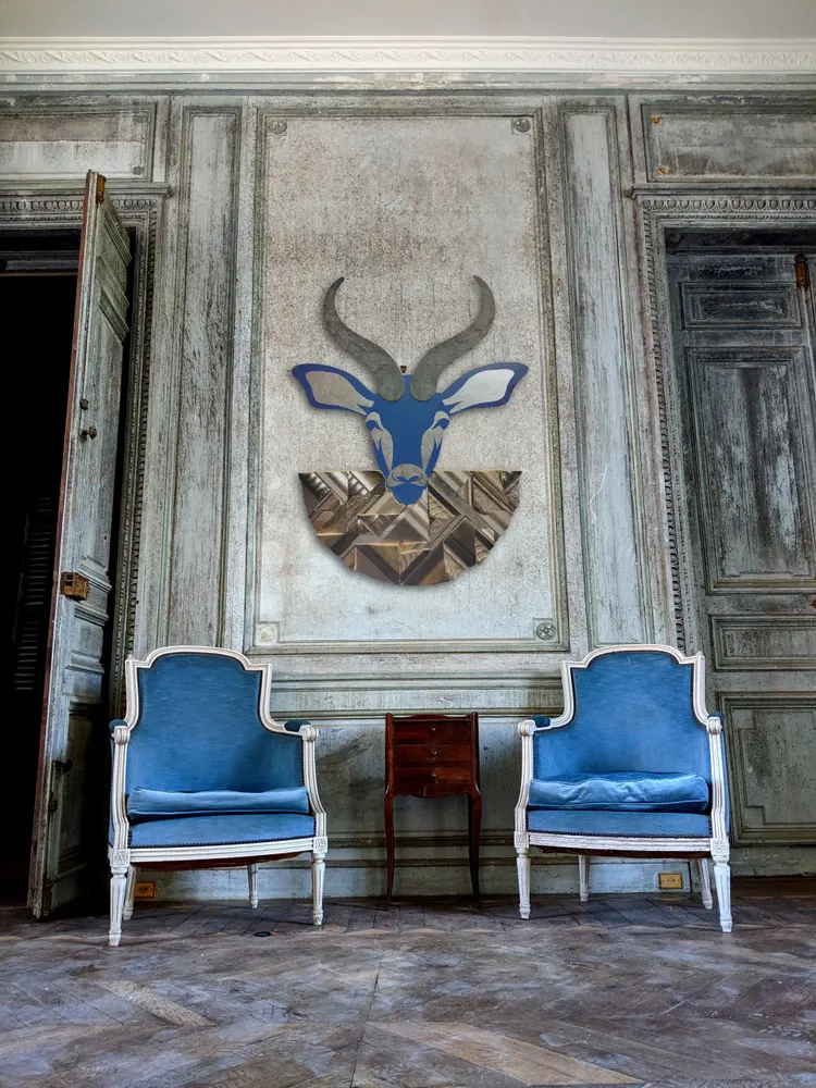 Artwork titled "Sr. Gacela" made with bakelite, silver leaf, laminate, frames in the year 2023 by Juan Diego Miguel