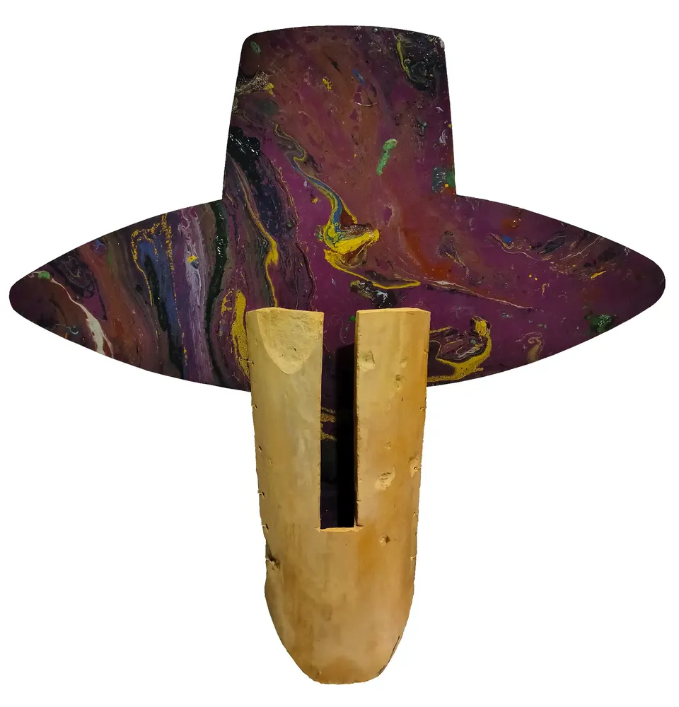 Artwork titled "Sombrero rojo" made with synthetic enamelled paint, laminate, ceramic, brass in the year 2023 by Juan Diego Miguel