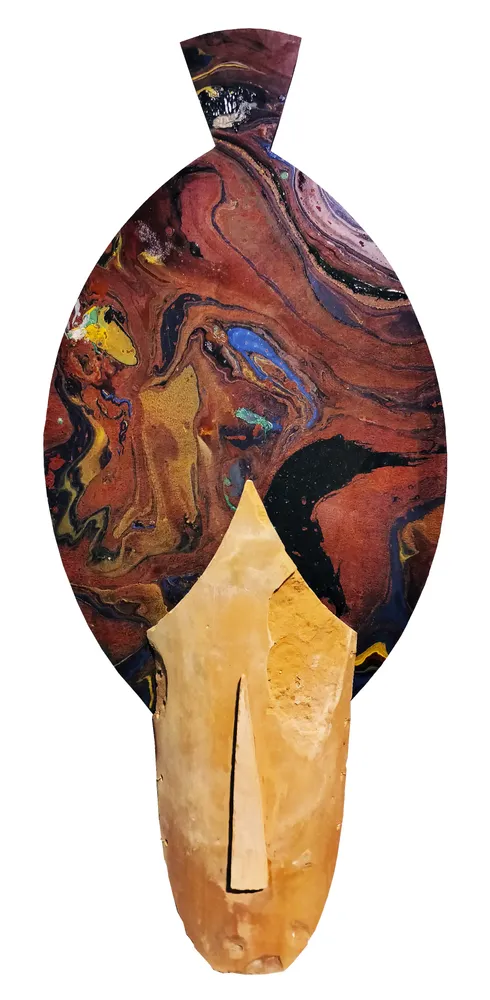 Artwork titled "Pelirroja" made with synthetic enamelled paint, laminate, ceramic, brass in the year 2023 by Juan Diego Miguel