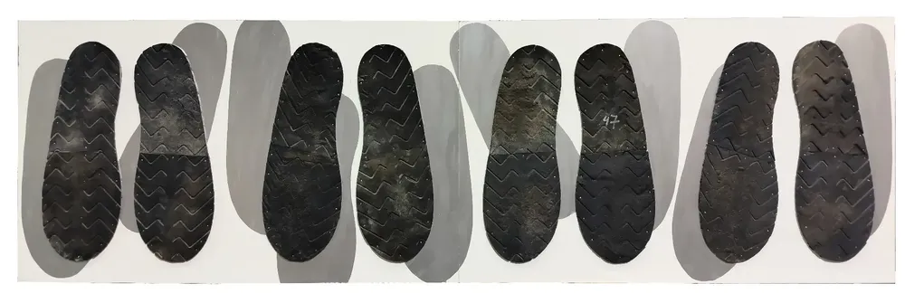 Artwork titled "Suelas" made with rubber, synthetic enamelled paint, mdf in the year 2023 by Juan Diego Miguel