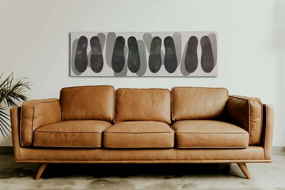 Artwork titled "Suelas" made with rubber, synthetic enamelled paint, mdf in the year 2023 by Juan Diego Miguel
