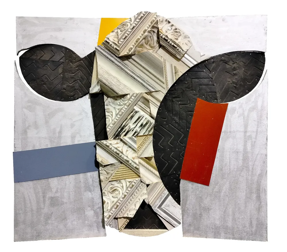 Artwork titled "Cabeza de vaca" made with synthetic enamelled paint, plywood, rubber, frames, laminate in the year 2023 by Juan Diego Miguel