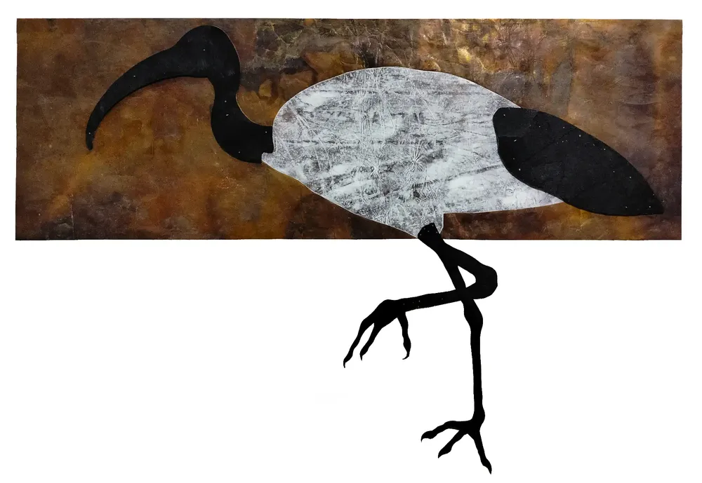 Artwork titled "Ibis" made with bakelite, oil painting, copper in the year 2023 by Juan Diego Miguel