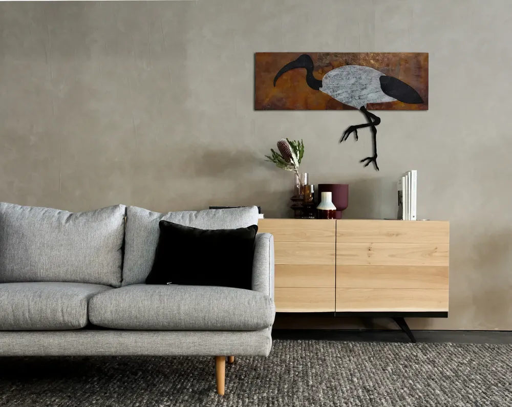 Artwork titled "Ibis" made with bakelite, oil painting, copper in the year 2023 by Juan Diego Miguel