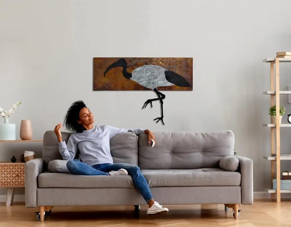 Artwork titled "Ibis" made with bakelite, oil painting, copper in the year 2023 by Juan Diego Miguel