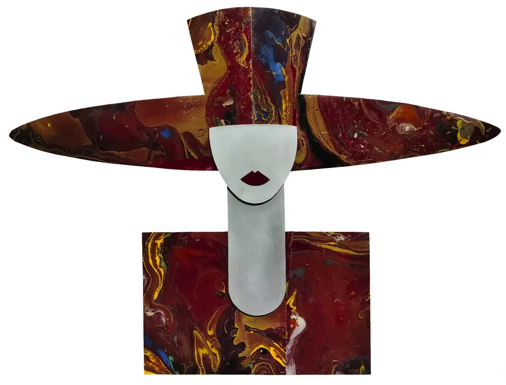 Artwork titled "Ines con sombrero" made with synthetic enamelled paint, laminate, aluminum in the year 2023 by Juan Diego Miguel