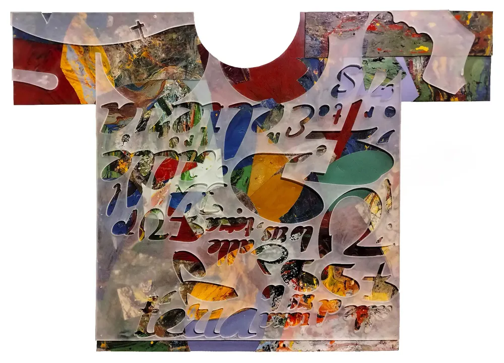 Artwork titled "Camiseta" made with methacrylate, synthetic enamelled paint, laminate, mdf in the year 2023 by Juan Diego Miguel