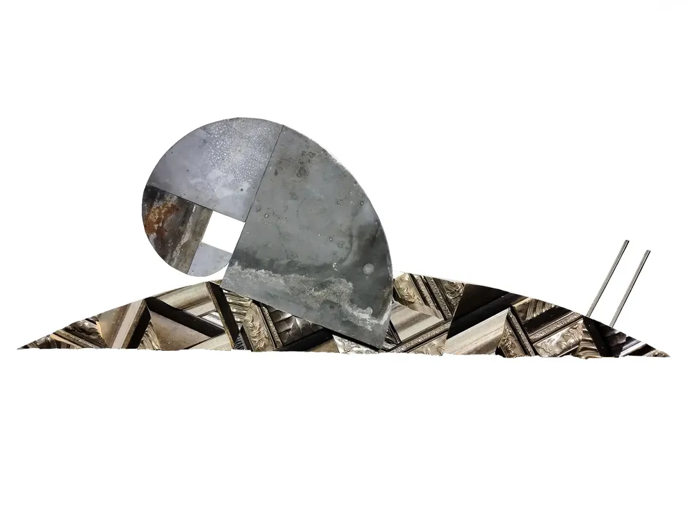 Artwork titled "Caracol" made with stainless steel, zinc, iron, frames in the year 2023 by Juan Diego Miguel