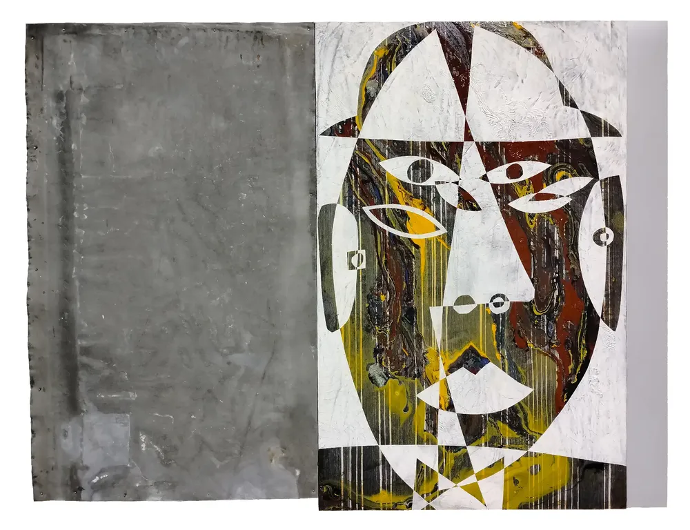 Artwork titled "Personaje" made with synthetic enamelled paint, laminate, zinc in the year 2023 by Juan Diego Miguel