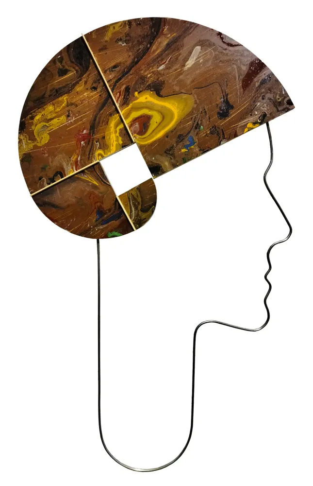 Artwork titled "Cabeza tocada" made with synthetic enamelled paint, laminate, iron, lacquered wood in the year 2023 by Juan Diego Miguel