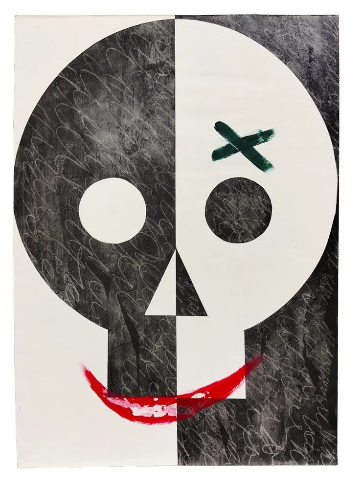 Artwork titled "Calavera" made with acrylic, graphite, paper in the year 2023 by Juan Diego Miguel