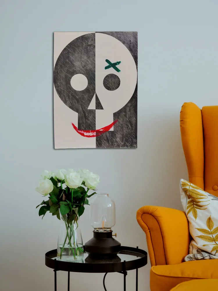 Artwork titled "Calavera" made with acrylic, graphite, paper in the year 2023 by Juan Diego Miguel