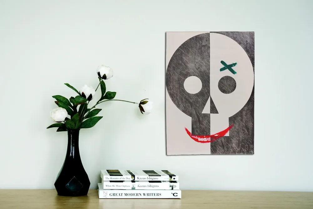 Artwork titled "Calavera" made with acrylic, graphite, paper in the year 2023 by Juan Diego Miguel