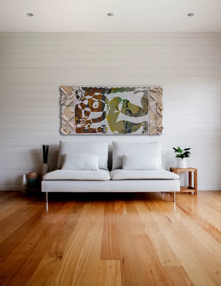Artwork titled "Nadadora" made with synthetic enamelled paint, laminate, frames in the year 2023 by Juan Diego Miguel