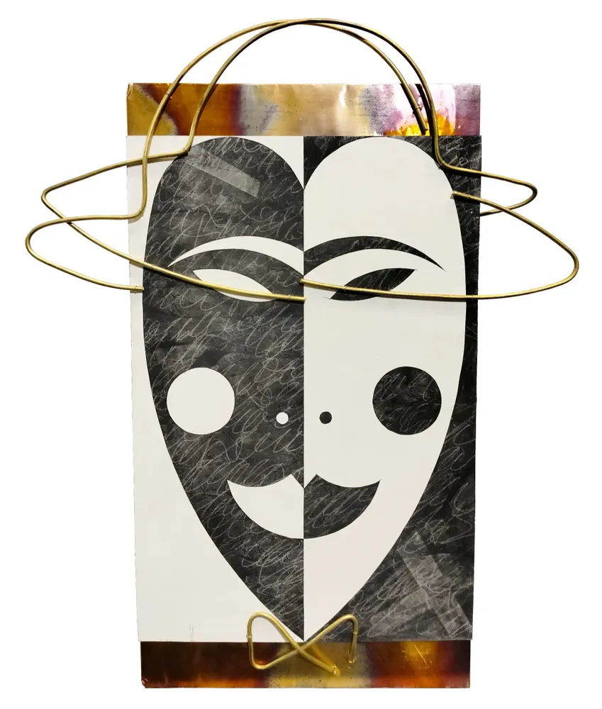 Artwork titled "Enmascarado" made with graphite, paper, copper, brass in the year 2023 by Juan Diego Miguel